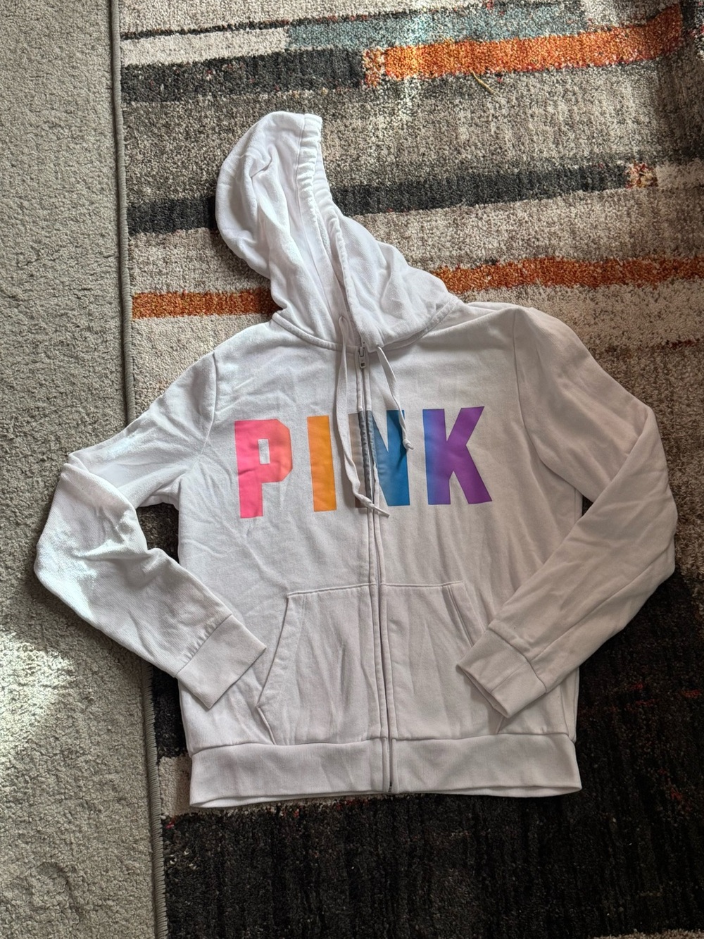 Victoria’s Secret PINK White Rainbow Logo Full Zip Hoodie Size S